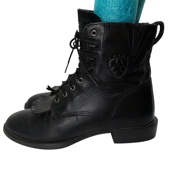 Ariat Black Leather Kiltie Paddock Western Riding Boots Size 6.5 Cowboy Womens - Picture 5 of 16